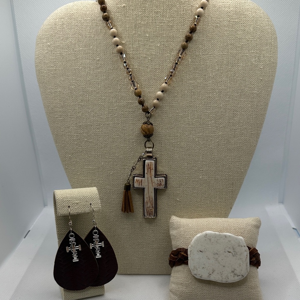 Wooden Cross Pendant Necklace And Earring Set